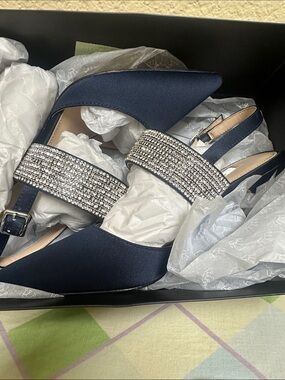 Nina Navy Satin Pointed Slingback Heels with Crystal-Embellished Straps